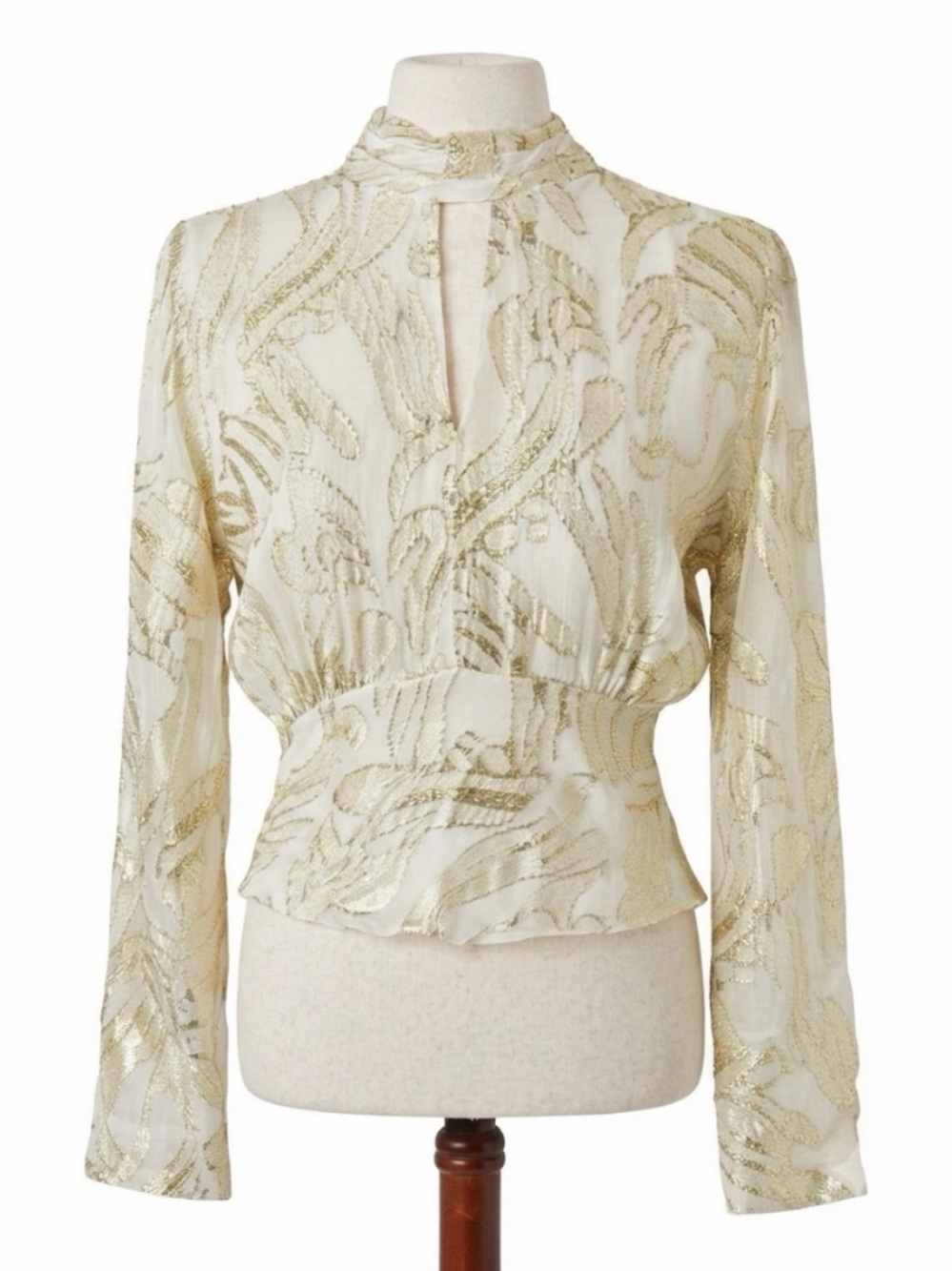 Parker NY Metallic Gold Lurex Smocked Blouse V-Neck Top S-Code 1390